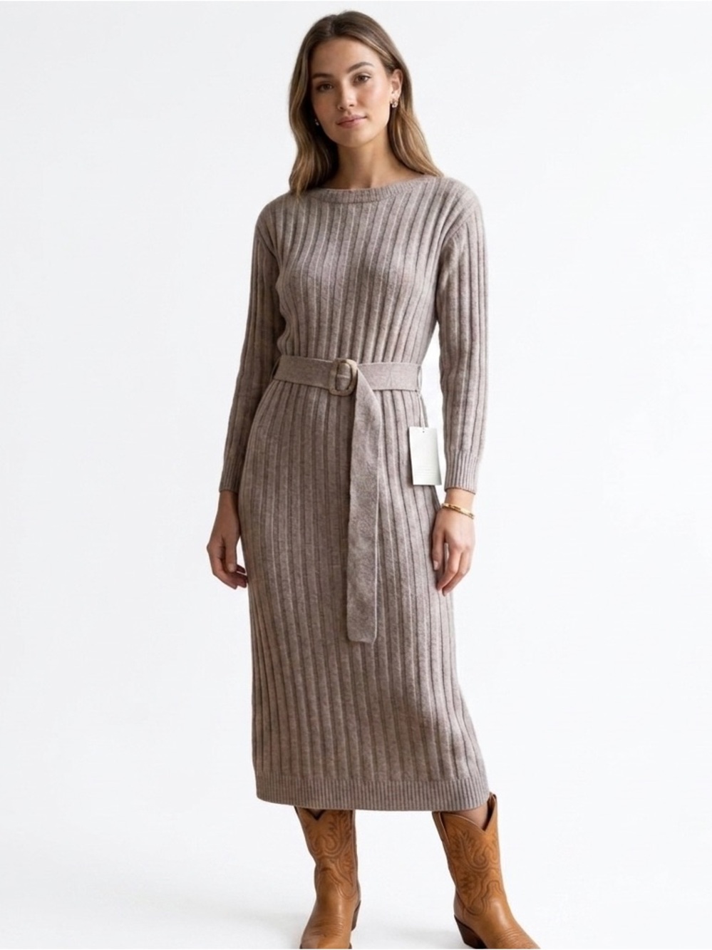 JOIE Knit Sweater Dress Brown NWT Ribbed Soft Stretchy Size M Belted